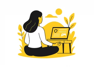 Illustration d'une jeune femme restant zen devant son site Web sécurisé