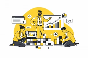 Illustration montrant 3 personnes analysant des données